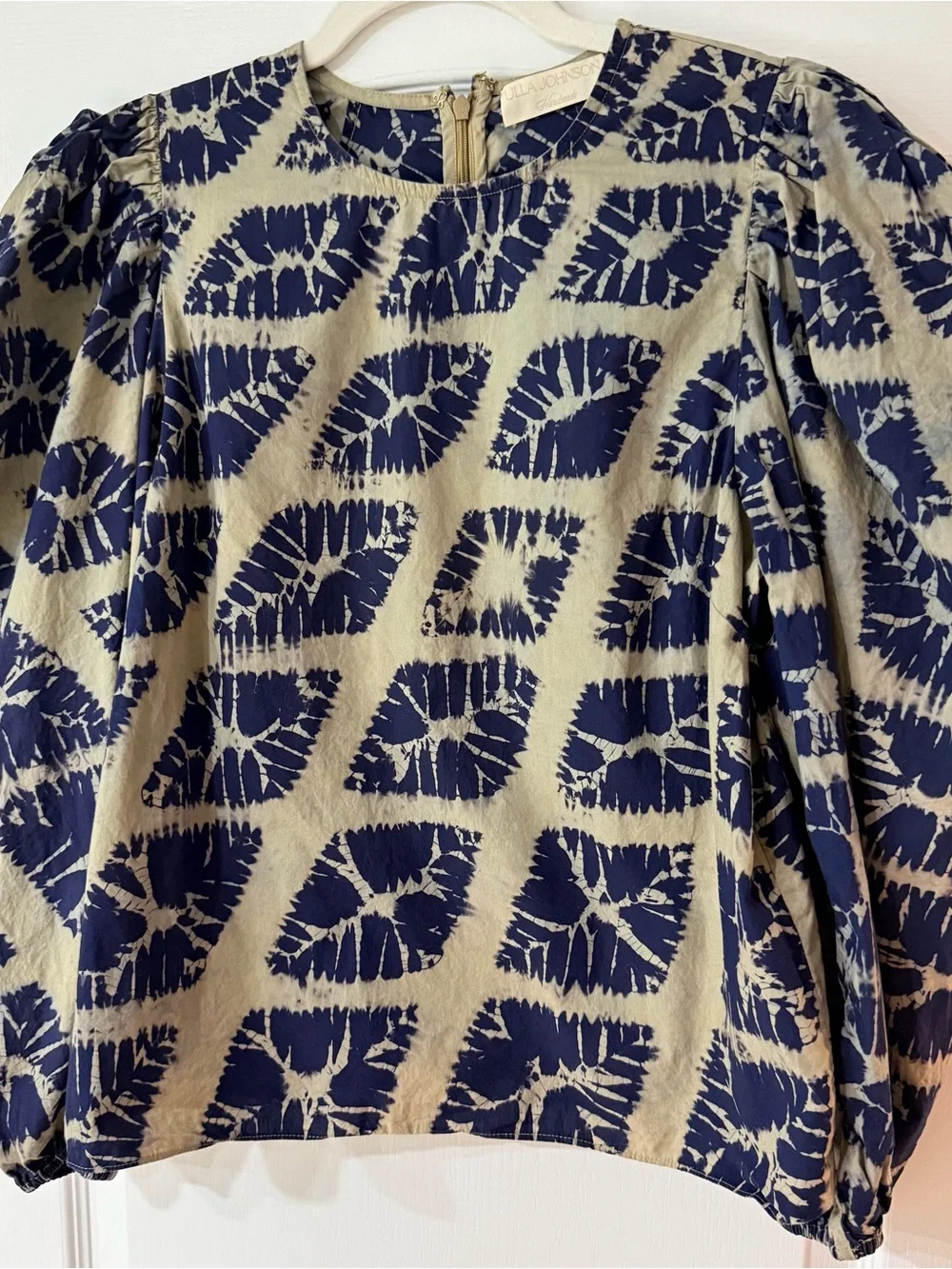 Ulla Johnson Eliza Hand-Dyed Diamond Print Puff Sleeve Cotton Blouse Size 6